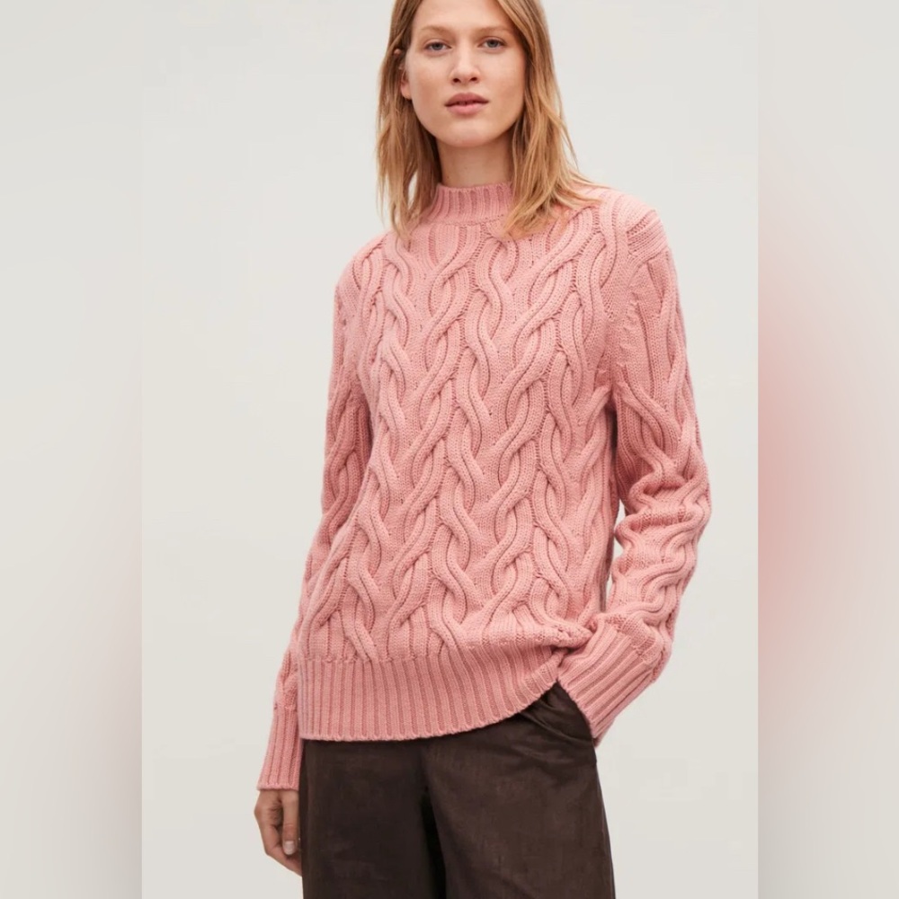 Cos Pink Rose Cable Knit Sweater 100% wool cozy and warm